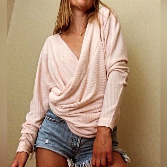 Free People Cozy With You Surplice Pullover Sweater XS lightweight pastel ribbed - Picture 2 of 13